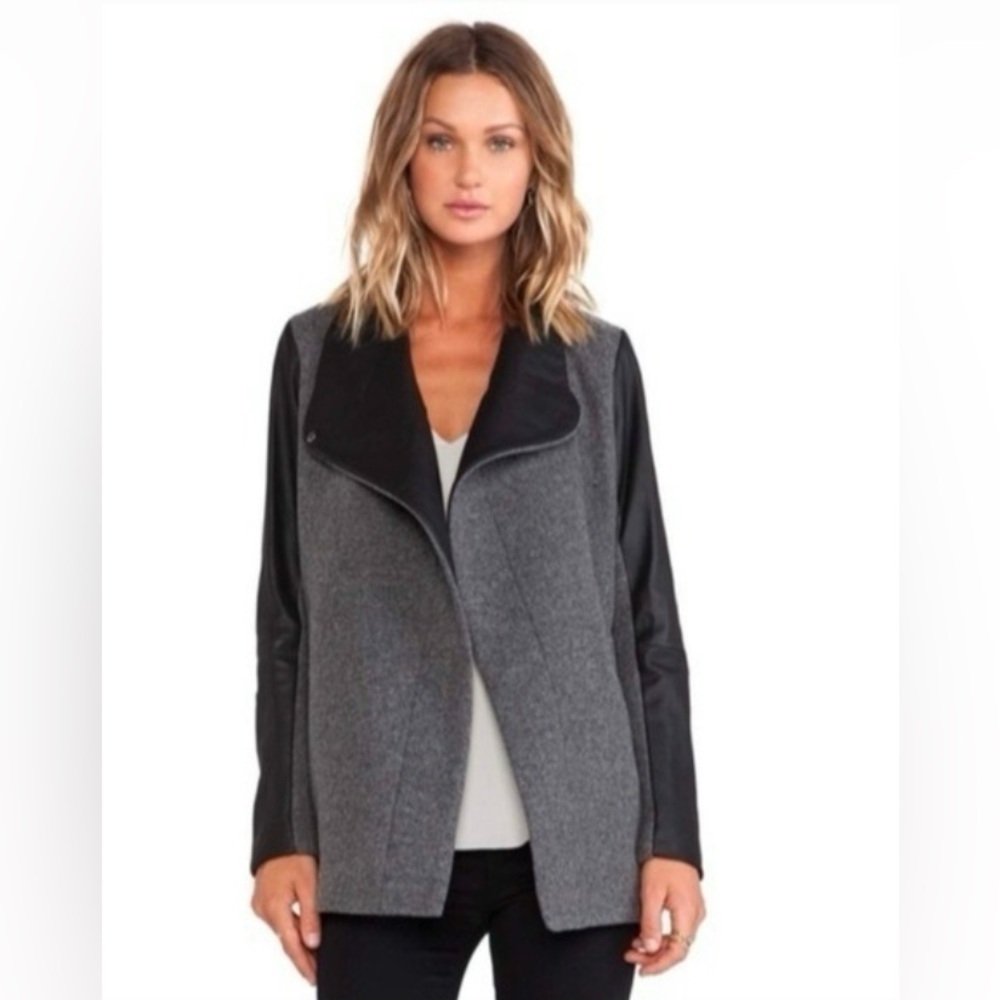THEORY Naomo Charcoal Gray Leather Sleeve Virgin Wool & Cashmere Jacket Sz L